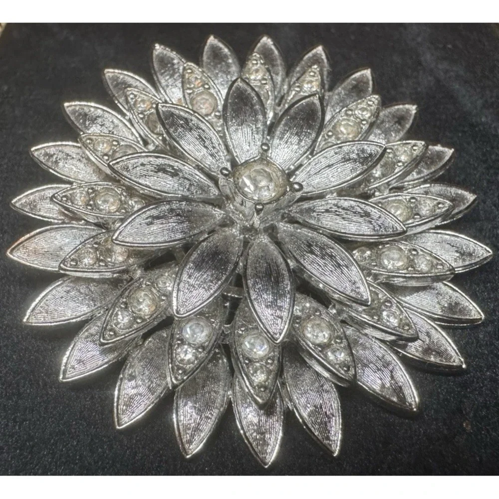 Vintage‎ Rhinestone Flower Brooch Large Silver Tone Layered Floral Statement Pin